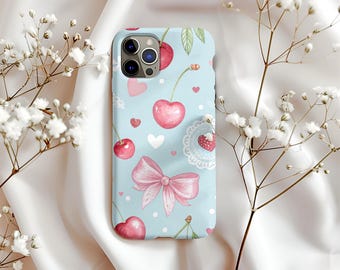 Funda para teléfono con lazo de cereza y corazón kawaii, azul pastel