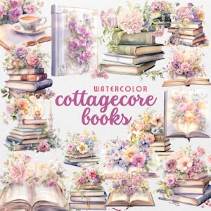 Aquarell Cottagecore Bücher Clipart Bundle Frühling Sommer Blumen png gemütliche Bücherwurm Vintage Landschaft digitaler Download für kommerzielle Nutzung