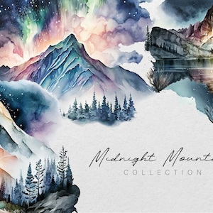 Clipart de montanha em aquarela - Clipart de montanhas - Clipart de aquarela - Clipart de floresta - Paisagens de montanha - Montanhas - Céu noturno