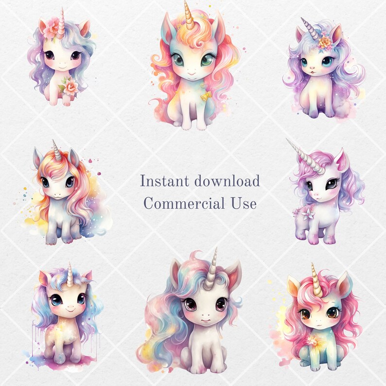 Watercolor Baby Unicorn Clipart Bundle Cute Fantasy Kawaii Chibi Png ...