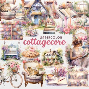 Aquarell Cottagecore Clipart Bundle Frühling Sommer floral png gemütliche Bücher Landschaft digitaler Download für kommerzielle Nutzung