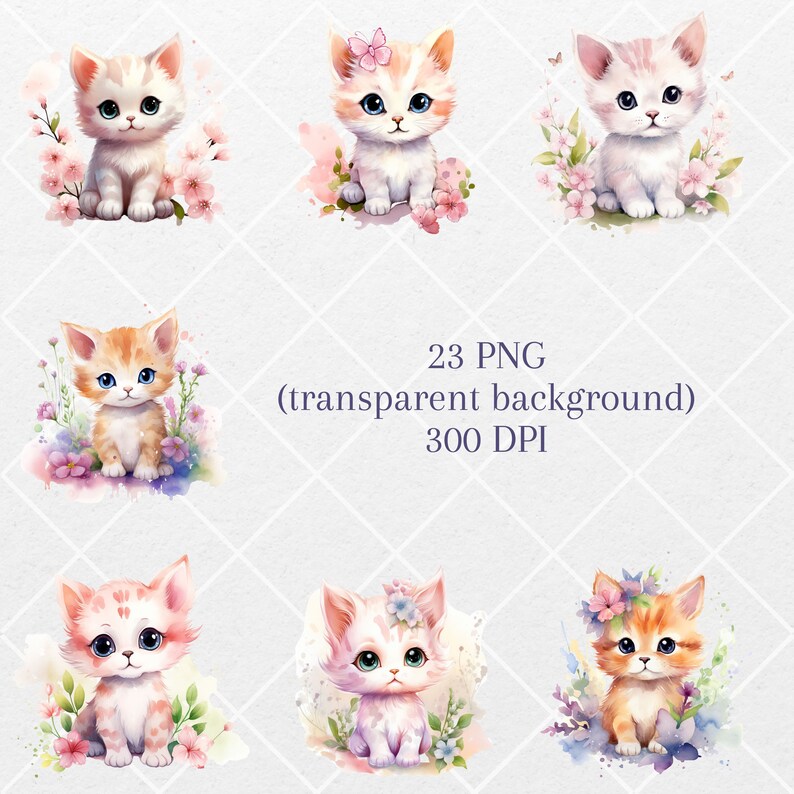 Watercolor Sping Kitten Clipart Bundle Cute Chibi Kawaii Cat Floral Png ...