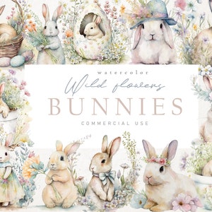 Hasen und Wildblumen Clipart, niedliche Hasen Clipart, Ostern Clipart, Aquarell Hasen Clipart, PNG, Frühling Clipart, kommerzielle Nutzung