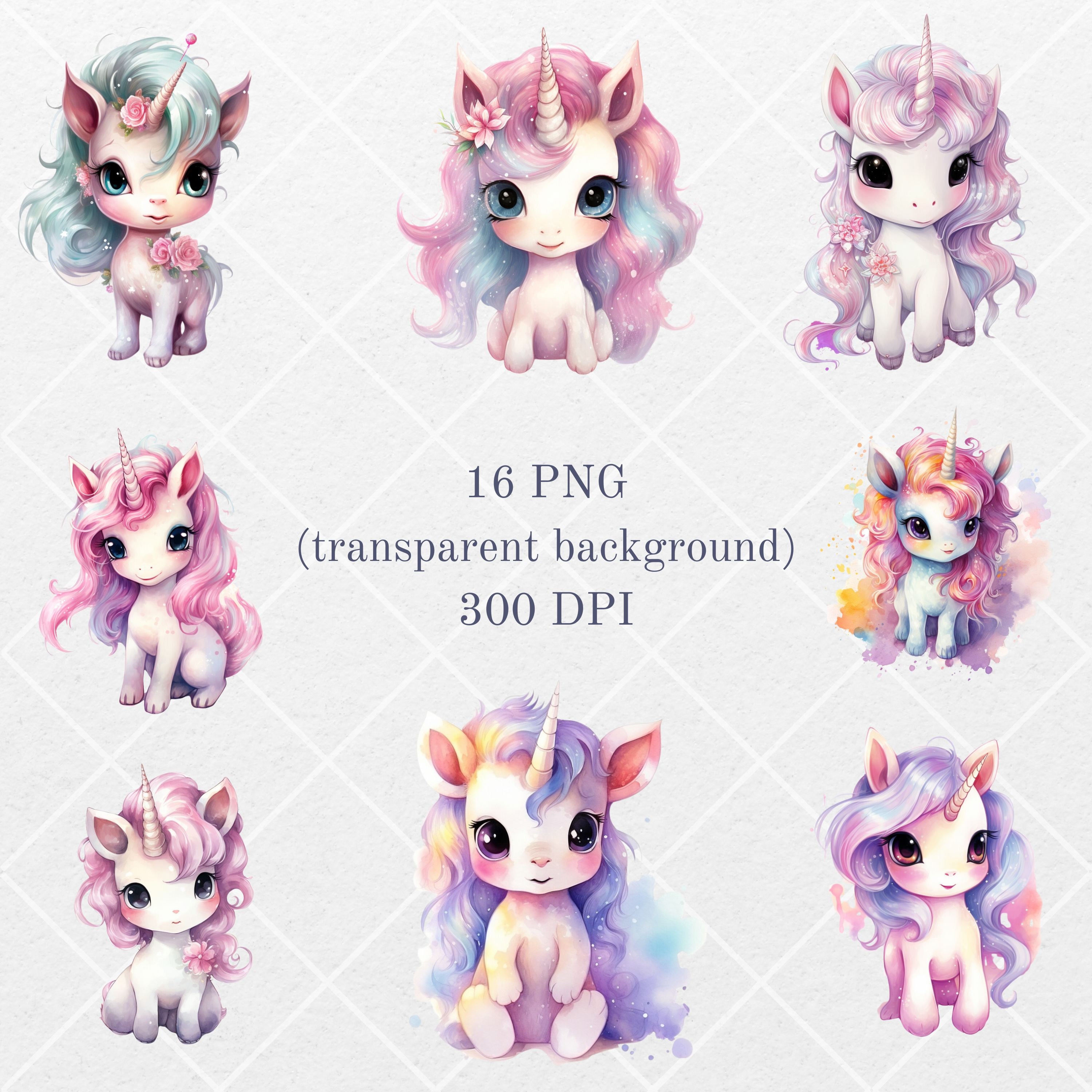 Watercolor Baby Unicorn Clipart Bundle Cute Fantasy Kawaii Chibi Png ...