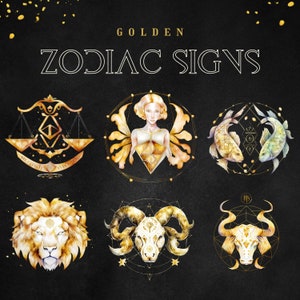 Zodiac Sign Clipart - Watercolor Geometric Golden Zodiac - PNG - Commercial Use - Astrology