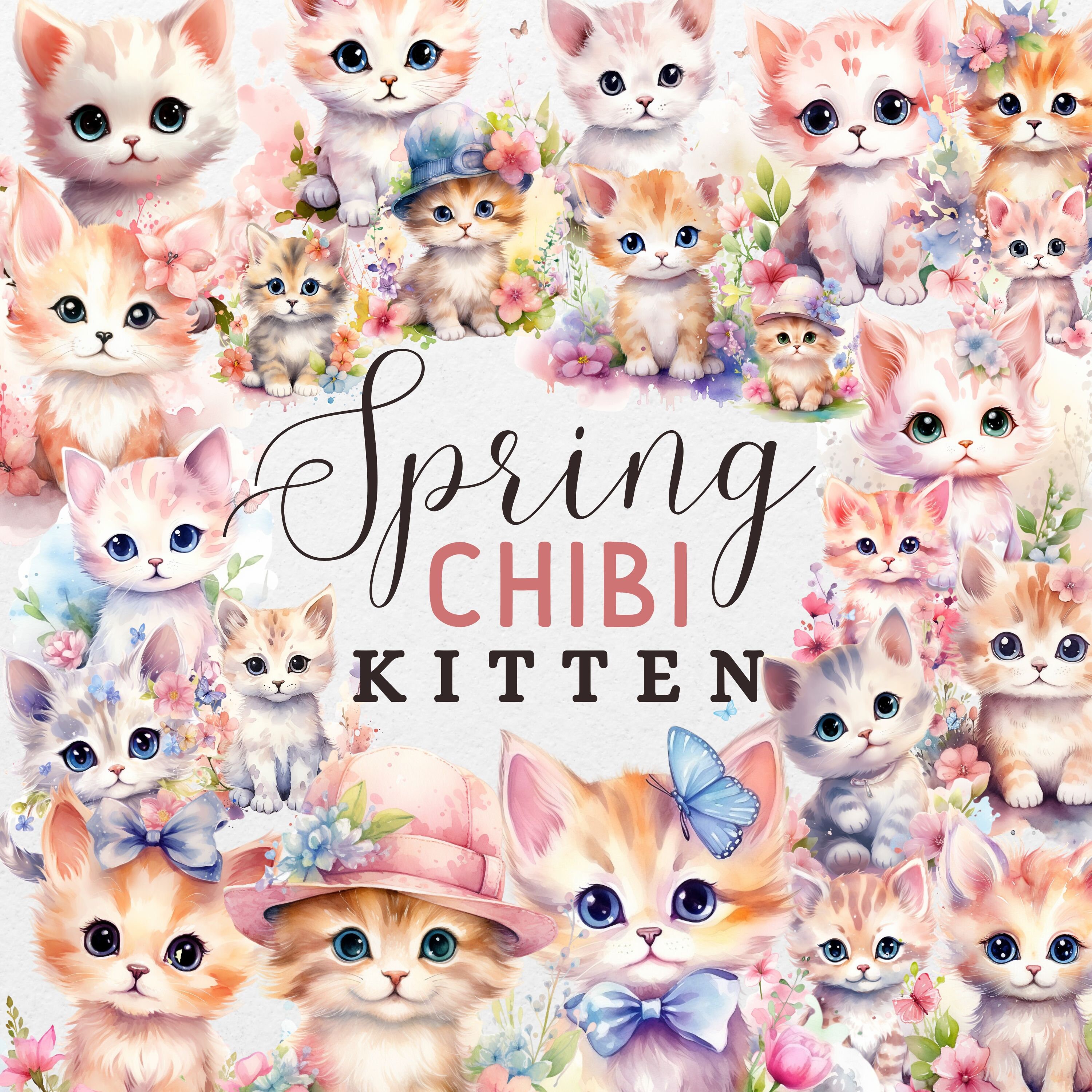 Watercolor Sping Kitten Clipart Bundle Cute Chibi Kawaii Cat Floral Png ...