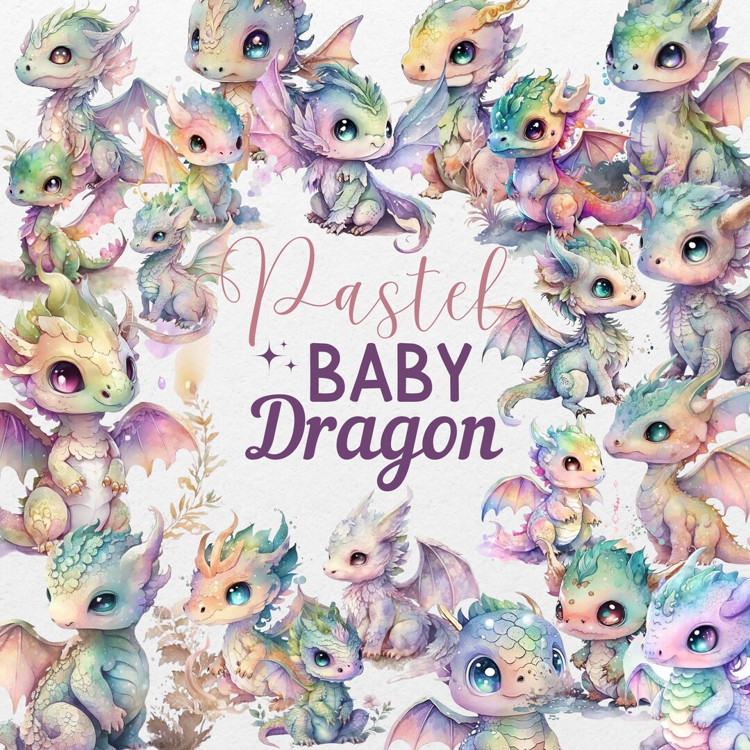 Watercolor Baby Dragon Clipart Cute Pastel Fantasy Kawaii Png Digital ...