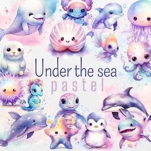 Unterwasser Aquarell Clipart Bundle, Süßer Ozean Chibi Wassertiere PNG Kawaii digitaler Download für kommerzielle Nutzung