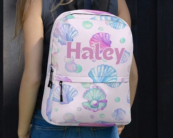Sac à dos en coquillage avec nom personnalisé, sac à dos personnalisé, sac à dos sirène, rentrée des classes, sac à dos personnalisé, cadeau pour fille, cadeau pour enfant