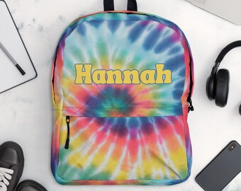 Plecak tie-dye z własnym imieniem, spersonalizowany plecak w kolorze tęczy, kolorowy plecak, prezent na powrót do szkoły, prezent dla nastolatków, prezent dla dzieci
