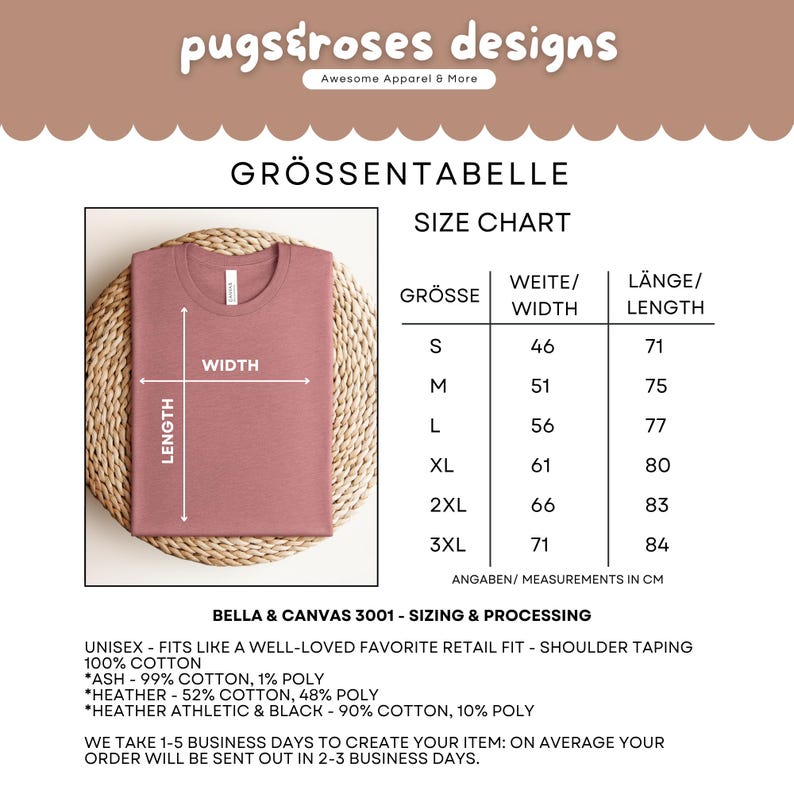 May include: A dusty rose-colored t-shirt displayed on a woven surface. The image includes a size chart with measurements in centimeters, and text that reads "pugstroses designs" and "Awesome Apparel & More."