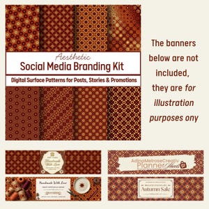 May include: Aesthetic Social Media Branding Kit with digital surface patterns in shades of brown and gold. The kit includes various geometric and floral designs for posts, stories, and promotions. The text reads "Handmade With Love" and "Autumn Sale".