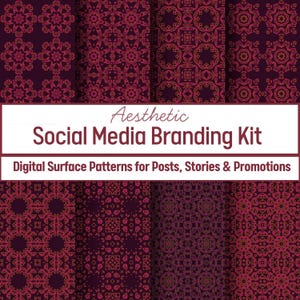 May include: A digital social media branding kit featuring repeating geometric patterns in shades of dark purple and magenta. The text reads Aesthetic Social Media Branding Kit and Digital Surface Patterns for Posts, Stories & Promotions.