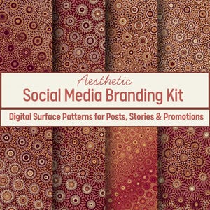 Op de afbeelding: Esthetische Social Media Branding Kit met digitale oppervlaktepatronen. De patronen zijn in tinten bordeaux, goud en bruin, met een herhalend cirkelvormig ontwerp. De tekst op de afbeelding luidt "Aesthetic Social Media Branding Kit" en "Digital Surface Patterns".