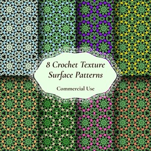 8 Multicoloured Crochet Texture Surface Patterns, Bohemian Geometric Floral Backgrounds, Retro Digital Scrapbooking, Artistic Paper Crafts