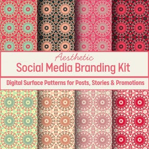 Op de afbeelding: Esthetische Social Media Branding Kit met digitale oppervlaktepatronen. De afbeelding toont een verscheidenheid aan kleurrijke bloempatronen in tinten rood, roze, zwart en groen. De patronen zijn ontworpen voor social media posts, stories en promoties.