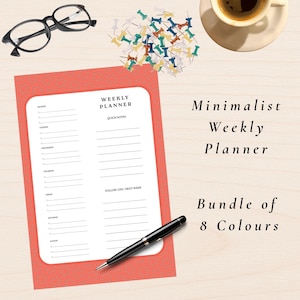 May include: A minimalist weekly planner with a coral geometric patterned border. The planner includes sections for each day of the week, quick notes, and follow-ups. A black pen, eyeglasses, push pins, and a cup of coffee are also visible.