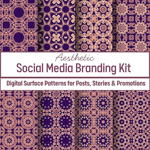Op de afbeelding: Esthetische Social Media Branding Kit met digitale oppervlaktepatronen. De afbeelding toont een verzameling herhalende geometrische ontwerpen in paars en goud. De patronen zijn geschikt voor social media posts, stories en promoties.