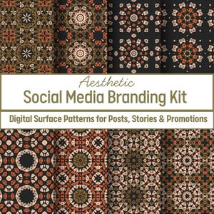 May include: Aesthetic Social Media Branding Kit with digital surface patterns in brown, orange, and cream on a black backdrop. The patterns feature geometric and floral designs. Text reads "Aesthetic Social Media Branding Kit" and "Digital Surface Patterns for Posts, Stories & Promotions."