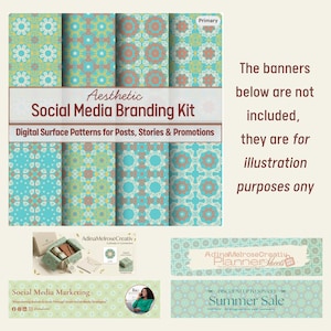 May include: Aesthetic Social Media Branding Kit featuring digital surface patterns in teal, brown, and cream. The kit includes various floral and geometric designs for posts, stories, and promotions. The text reads "Digital Surface Patterns for Posts, Stories & Promotions."