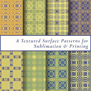 青と金のテクスチャ加工が施された8種類の表面パターン、布地昇華プリント、DIYクラフト、ブランディング、スクラップブッキング、PODビジネス向けのシームレスデジタルペーパー