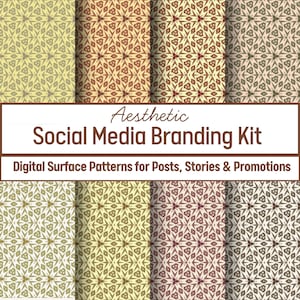 May include: A digital social media branding kit featuring eight distinct panels of repeating geometric star patterns in shades of yellow, brown, and cream. The text reads Aesthetic Social Media Branding Kit and Digital Surface Patterns for Posts, Stories & Promotions.