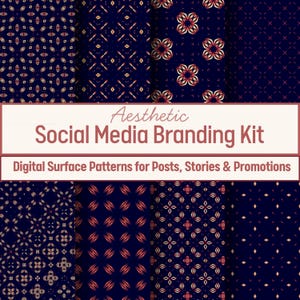 May include: A digital social media branding kit featuring eight distinct dark blue background patterns with repeating geometric shapes in shades of gold, orange, and red. The text reads Aesthetic Social Media Branding Kit and Digital Surface Patterns for Posts, Stories & Promotions.