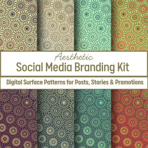 May include: A digital social media branding kit featuring eight distinct panels of repeating circular mandala-style patterns in various colour palettes including yellow, beige, teal, green, purple, dark blue, and red with white text overlays.