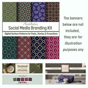 May include: A digital social media branding kit featuring eight distinct geometric surface patterns in shades of green, blue, purple, and maroon. The image includes text labels and example banners displaying the patterns on various items.