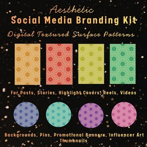 Op de afbeelding: Een esthetische social media branding kit met digitale getextureerde oppervlaktepatronen. De afbeelding toont vier rechthoekige achtergronden in goud, rood, groen en blauw, elk met een herhalend sterpatroon. Daaronder vier cirkelvormige achtergronden in blauw, turquoise, paars en roze.