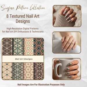 Könnte beinhalten: Eine digitale Sammlung mit dem Titel Surface Pattern Collection mit 8 Textured Nail Art Designs. Die Grafik zeigt acht verschiedene geometrische Muster in Schwarz-, Creme- und Pfirsichtönen sowie drei Fotos, die diese Designs auf Fingernägeln zeigen.