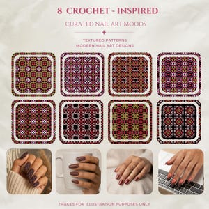 Könnte beinhalten: Eine digitale Anzeige mit 8 CROCHET-INSPIRED CURATED NAIL ART MOODS und TEXTURED PATTERNS MODERN NAIL ART DESIGNS. Acht quadratische Kacheln zeigen komplexe geometrische Muster in Schwarz, Pink und Gold. Vier kleine Bilder zeigen Nägel mit diesen Designs.