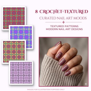 8 virkade texturerade nagelkonstmallar, moderna texturerade mönster, gör-det-själv manikyrkitdesigner, digitala dekaler och omslagspaket, salongteknikklistermärken