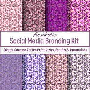Op de afbeelding: Een digitale social media branding kit met acht afzonderlijke panelen van herhalende geometrische sterpatronen in diverse kleurenpaletten waaronder roze, paars, geel en lavendel, met de tekst Aesthetic Social Media Branding Kit.
