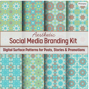 May include: A digital social media branding kit featuring eight distinct repeating surface patterns in shades of turquoise, cream, and terracotta. The text reads Aesthetic Social Media Branding Kit and Digital Surface Patterns for Posts, Stories & Promotions.