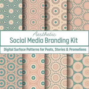 May include: A digital social media branding kit featuring eight distinct repeating surface patterns in shades of teal, beige, and dusty rose. The text reads Aesthetic Social Media Branding Kit and Digital Surface Patterns for Posts, Stories & Promotions.