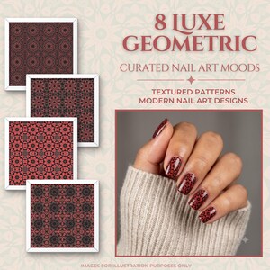8 Gotische Nail Art Muster, Nahtlos Rot Schwarz Geometrische Aufkleber Grafiken, Herbst Halloween DIY Folie Schablone Digitales Papier Bundle, Salon-Pack