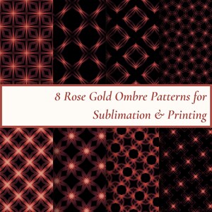 Pode incluir: Uma coleção de oito padrões degradê em ouro rosa com formas geométricas sobre um fundo preto. O texto 8 Rose Gold Ombre Patterns for Sublimation & Printing está centralizado em uma faixa retangular branca no meio da imagem.