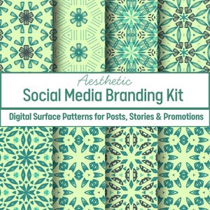 May include: A digital social media branding kit featuring eight distinct geometric surface patterns in shades of light green and dark teal. The text reads Aesthetic Social Media Branding Kit and Digital Surface Patterns for Posts, Stories & Promotions.