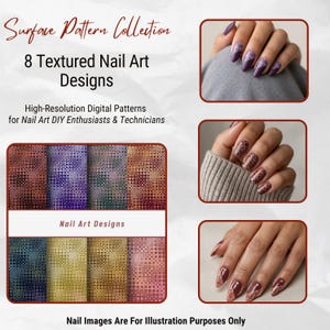 Könnte beinhalten: Eine digitale Sammlung mit dem Titel Surface Pattern Collection mit 8 Textured Nail Art Designs. Die Grafik zeigt acht farbenfrohe geometrische Muster und drei Fotos von manikürten Fingernägeln mit detaillierten Nagelkunst-Designs.