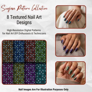 Könnte beinhalten: Eine digitale Sammlung mit dem Titel Surface Pattern Collection mit 8 Textured Nail Art Designs. Das Bild zeigt acht verschiedene farbenfrohe geometrische Muster und drei Fotos, auf denen diese Designs auf Fingernägeln zu sehen sind.