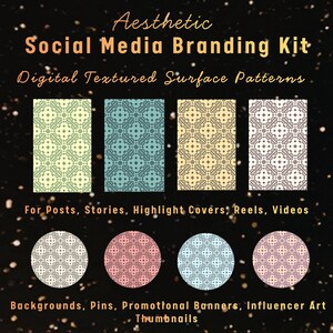 May include: An aesthetic social media branding kit with digital textured surface patterns. The image shows four rectangular and four circular designs with repeating geometric patterns in various colours. Text includes "For Posts, Stories, Highlight Covers, Reels, Videos."