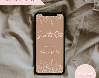 Puede incluir: Una tarjeta digital de guardar la fecha con fondo marrón y detalles florales blancos. El texto dice "Save the Date" con la fecha "22.09.2024" y los nombres "Ross & Rachel".