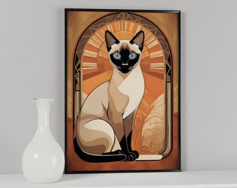 Art-deco kunst aan de muur Siamese kat, digitale print