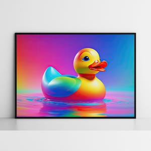 May include: A colorful rubber ducky floats in a pool of iridescent water. The duck is yellow with a rainbow pattern on its back and a bright red beak.