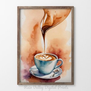 Könnte beinhalten: Ein Aquarellbild einer Tasse Kaffee mit einem herzförmigen Design im Schaum. Der Kaffee wird aus einer Kanne gegossen, und der Hintergrund ist in sanftem Orange und Braun gehalten.