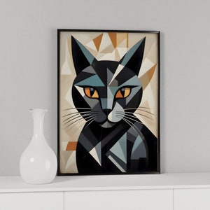 May include: Geometric abstract art print of a black cat with blue and orange accents. The cat's eyes are a bright orange.