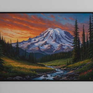 Mt Rainier Washington, mountain nature landscape wall art, national park oil painting