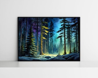 Starry Night Sky nighttime forest watercolor wall art