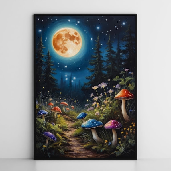 Enchanted Mushroom Forest path wall art print, firefly forest wall hanging, mystical decor, magical forest art, fantasy landscape painting